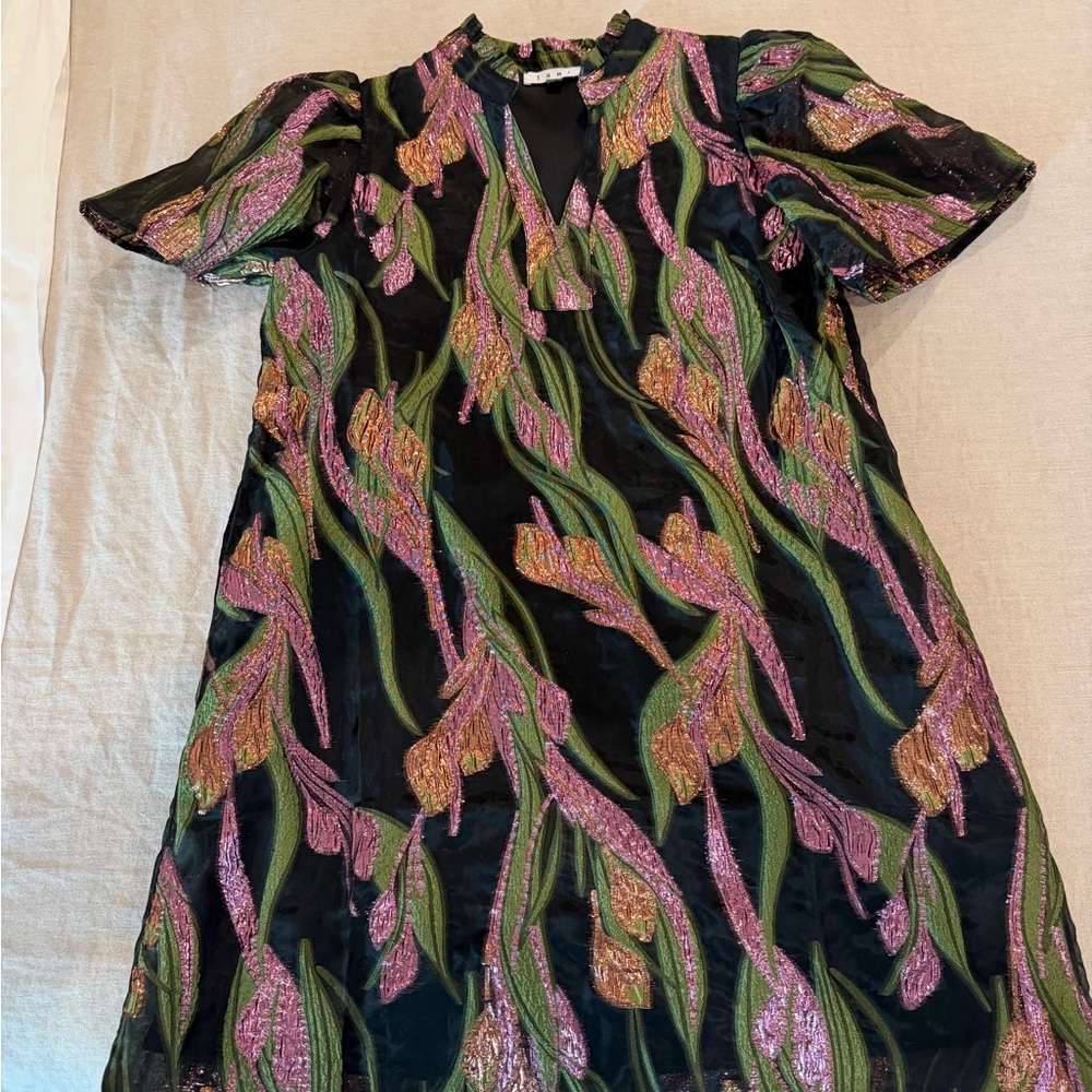 THML Midnight in London Black Mini Dress with Vibrant Leaf Design